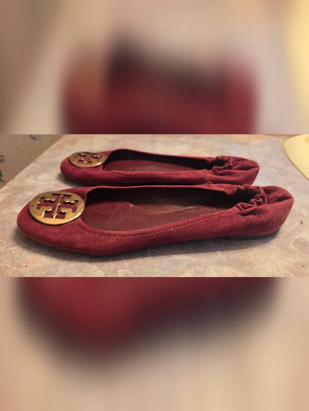Tory Burch Burgundy Suede Reva Logo Ballet Flats